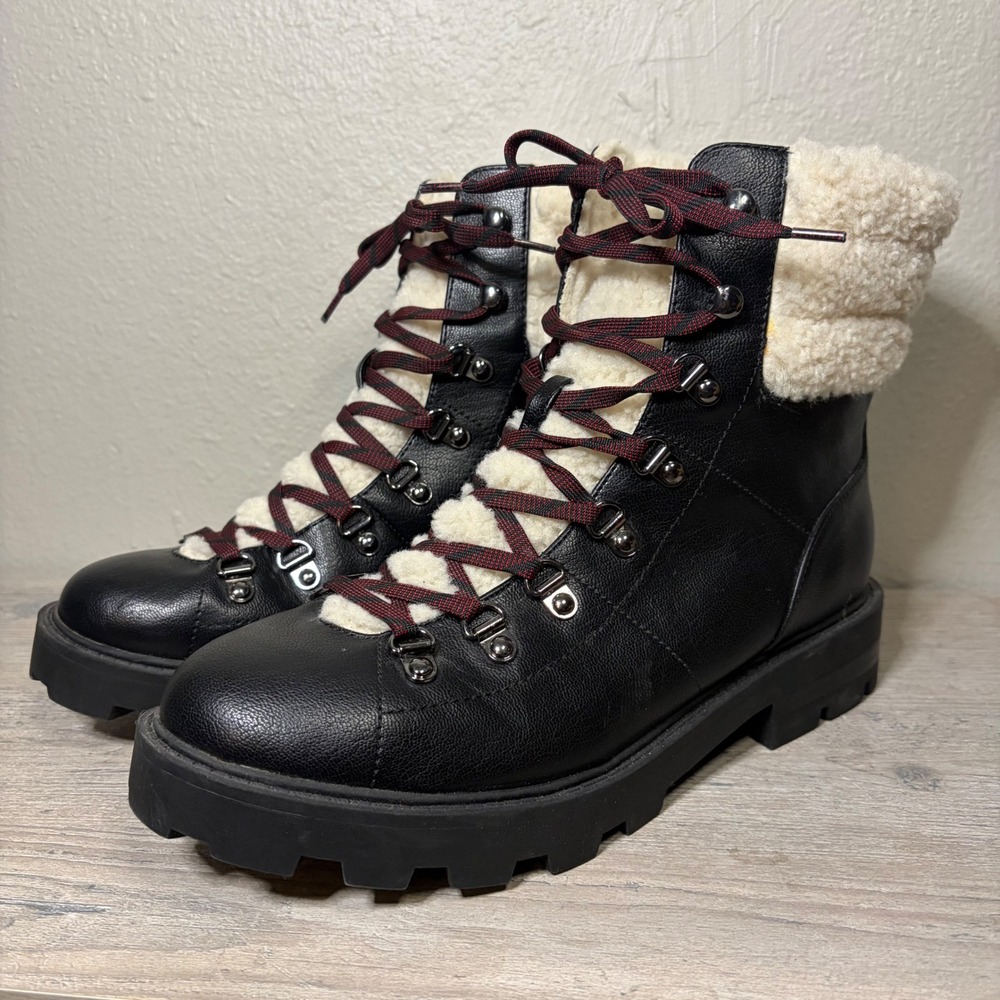 Nine West Womens Black Faux Leather Shearling Hiker Combat Boots Size 9.5M